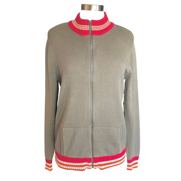 CRB Olive Green Varsity Stripe Full Zip Cardigan Kangaroo Pockets Womens MEDIUM - Picture 1 of 8
